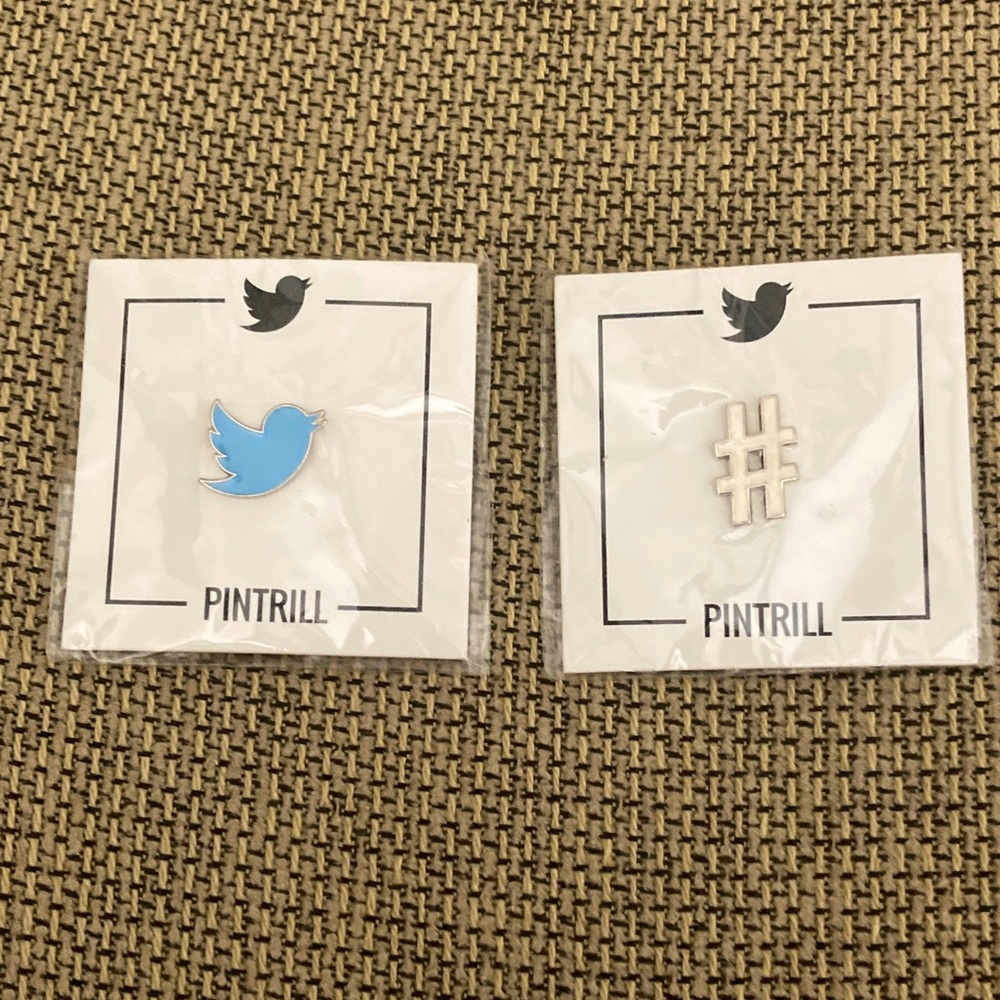 Original Twitter bird and hashtag pins. New. Official merchandise. As set.